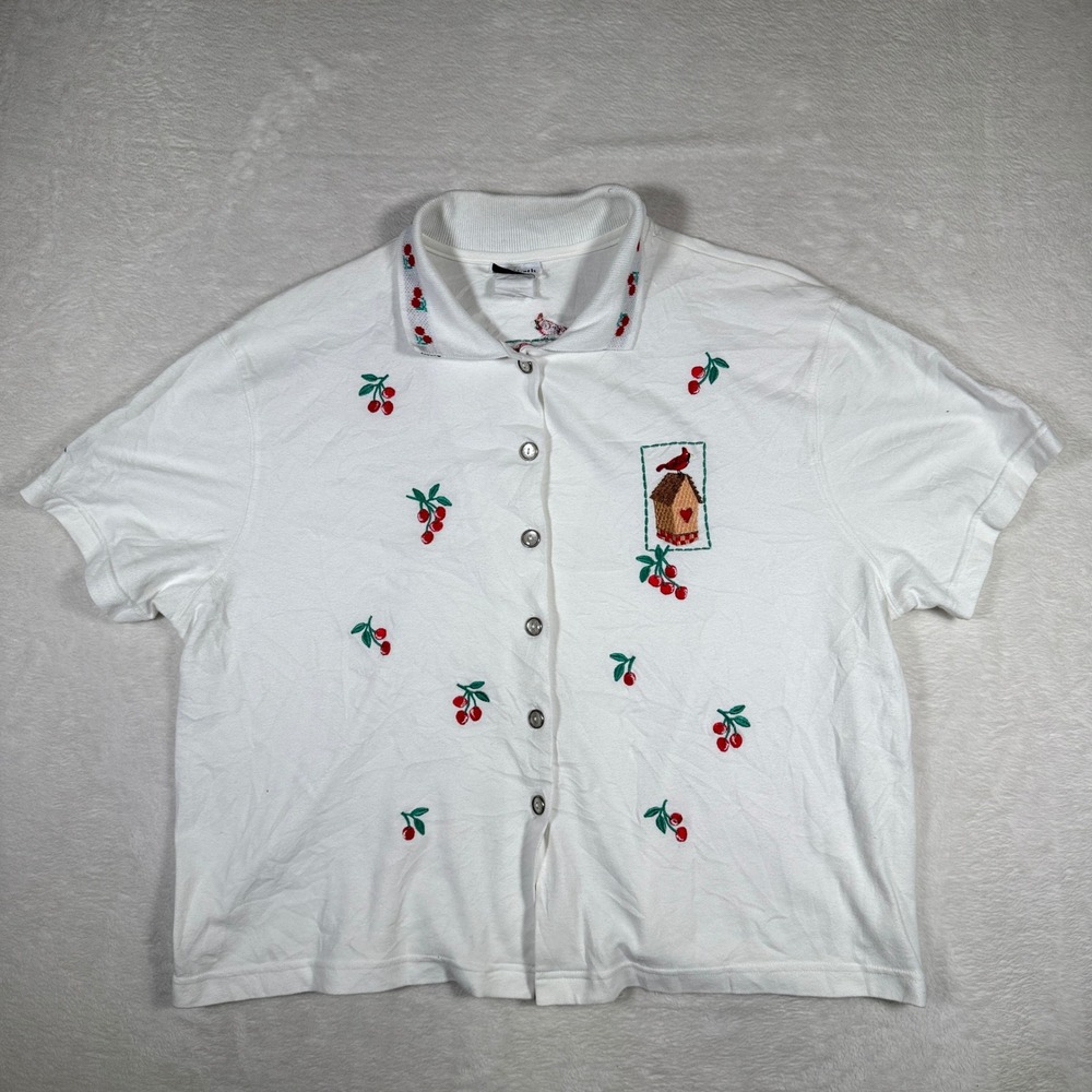 Bon‎ Worth White Cherry Birdhouse Embroidered Short Sleeve Collared Shirt Top XL